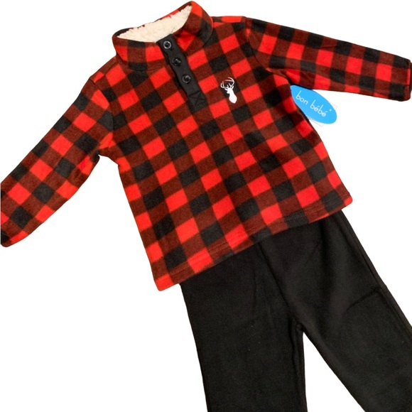 Bon Bebe Other - NWT 2 Piece Buffalo Check Set 2T Red & Black Top & Black Pants